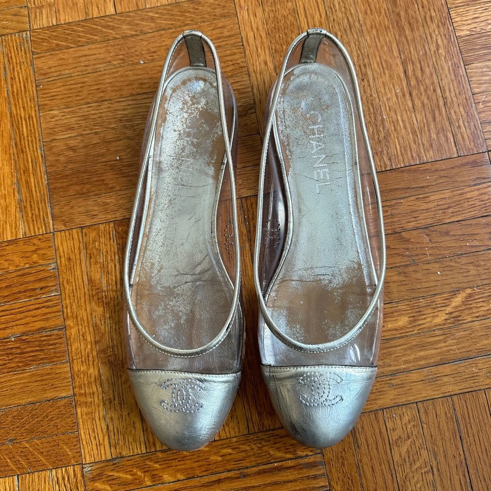 Authentic Chanel pvc clear silver ballet flats